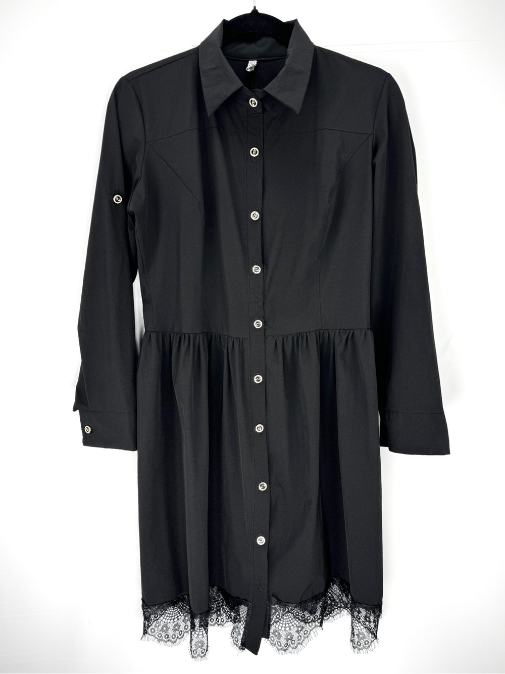 Chic Black Button-Down Shirt Dress with Eyelash Lace Trim Hem